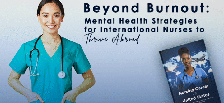 International nurse reflecting and practicing self-care to reduce burnout abroad.