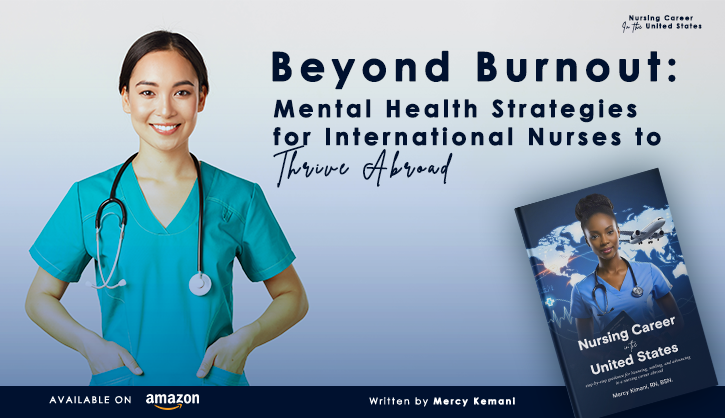 International nurse reflecting and practicing self-care to reduce burnout abroad.